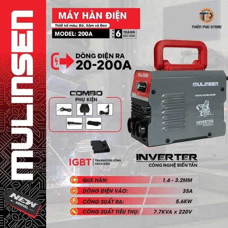 Máy Hàn Điện Tử MMA200AMINI MULINSEN | 220V, 20-200A| Que Hàn 1.6-3.2MM | Đầy Đủ Phụ Kiện | Hàng Chính Hãng