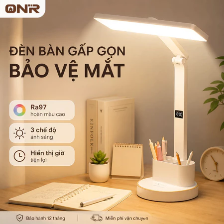 ONR Đèn học để bàn chống cận thị 3 chế độ sáng có có đồng hồ Đèn học chống cận đèn bàn làm việc có ngăn chứa đồ