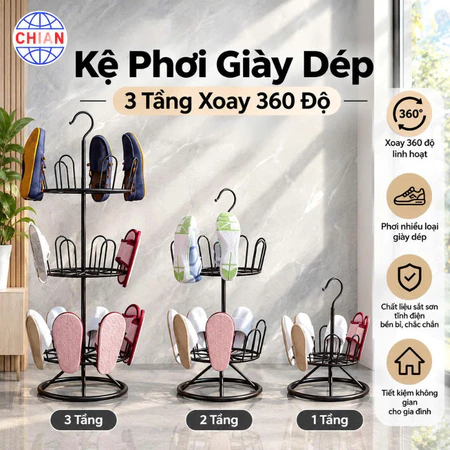 Kệ Phơi Giày Dép 3 Tầng Xoay 360 Độ - Kệ Giày Dép, Giá Phơi Giày Gọn Gàng