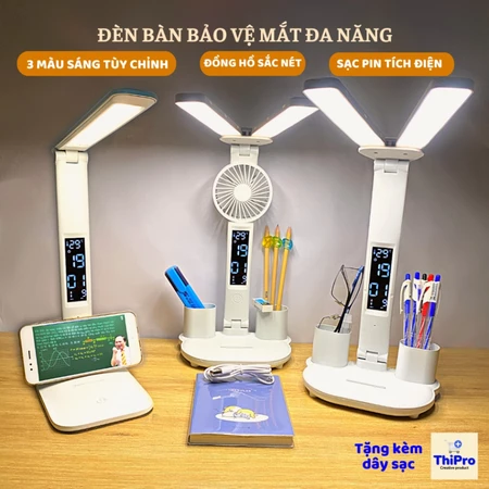 Đèn LED Để Bàn Đa Năng, Đèn Học Để Bàn Chống Cận Cao Cấp Với 3 Màu Sáng Và Đồng Hồ LCD Sắc Nét HOT
