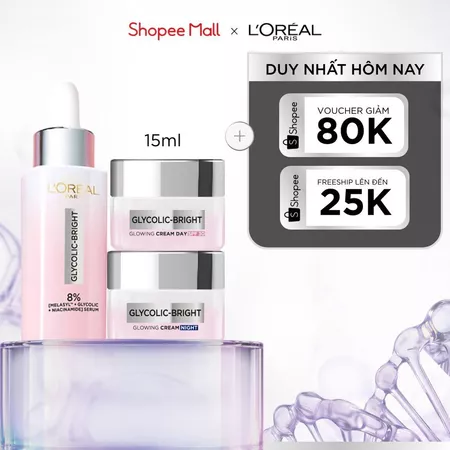 Bộ Serum Glycolic Melasyl 8% 30ml & Kem dưỡng ngày đêm mờ thâm nám L'Oreal Paris