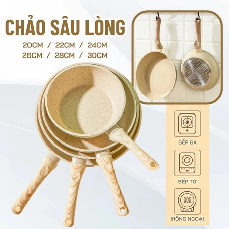 Chảo Chống Dính Sâu Lòng Bếp Từ 20/24/26/28cm – Vân Đá, Phủ Chống Dính Nhật Bản, Cán Gỗ Cao Cấp