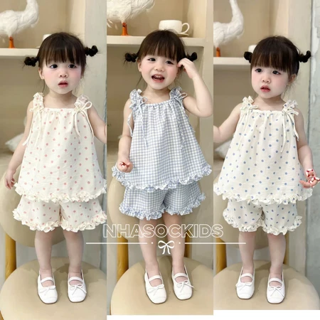 [Nhasockids] B12- Bộ quần áo 2 DÂY NHÚN BÈO xinh xắn cho bé gái, chất tơ đũi mềm mát, màu sắc tươi sáng