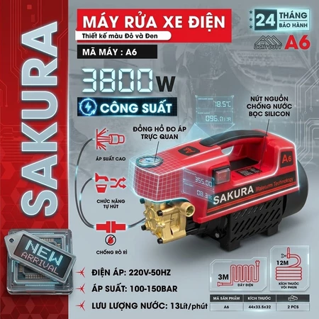 Máy rửa xe áp lực cao Sakura A6 - Kushima AM39 - Áp lực cao  - Máy xịt rửa xe gia đình tặng kèm bình tạo bọt tuyết