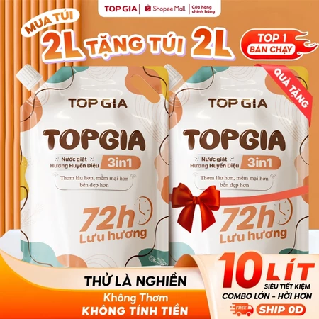 Nước Giặt TopGia 3in1 Hương Huyền Diệu Làm Sạch Vết Bẩn, Lưu Hương 72h, Túi 2L
