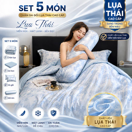 Bộ chăn ga gối lụa Thái 5 món, set ga gối chăn mền hè mát lạnh không phai màu không nhăn