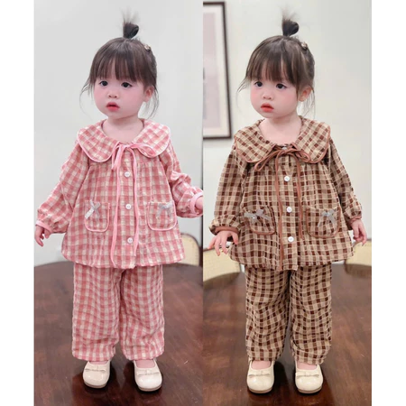 [Nhasockids] BD07-Bộ quần áo DÀI TAY cho bé gái. Thiết kế cổ thắt nơ tạo điểm nhấn, phối túi 2 bên điệu đà xinh xắn