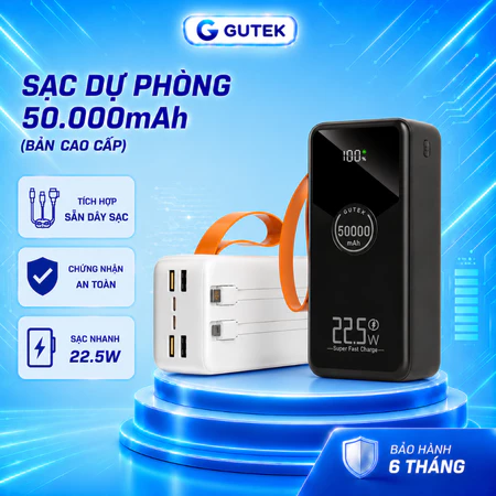 Sạc dự phòng 50000mAh sạc nhanh 22,5w dung lượng pin lớn có dây cắm nhiều điện thoại - Gutek GT230