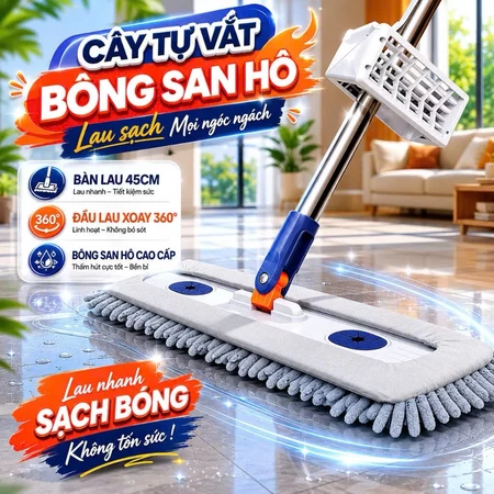 Cây Lau Nhà Tự Vắt, Chổi Lau Nhà Tự Vắt Thông Minh Xoay 360 Độ, Tặng Kèm Bông Lau