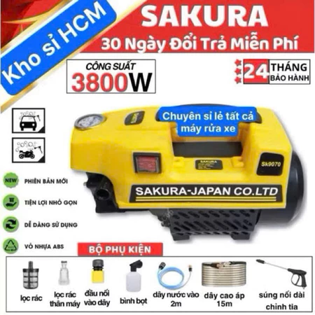 Máy rửa xe Sakura 3800W - Lõi đồng 100% máy công xuất lớn - bảo hành 24 tháng - rửa xe gia đình tặng bình bọt tuyết
