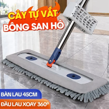 Cây lau nhà tự vắt KITIMOP CORAL KTMC-01 bàn lau 45cm, cán inox 135cm, kèm 2 bông san hô